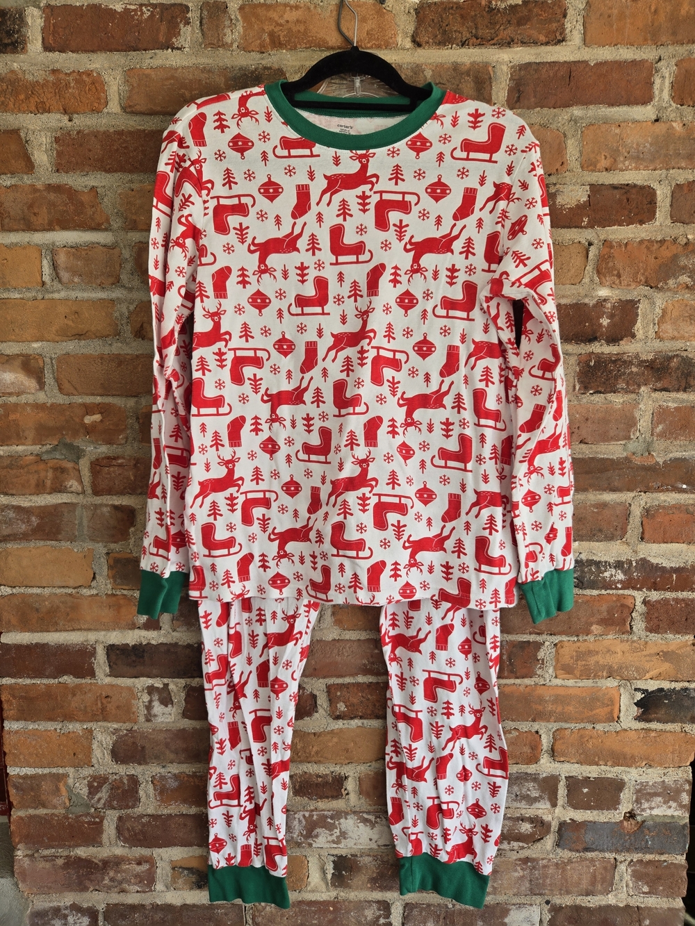 Carter's Red and White Reindeer Pajama Set with Green Trim